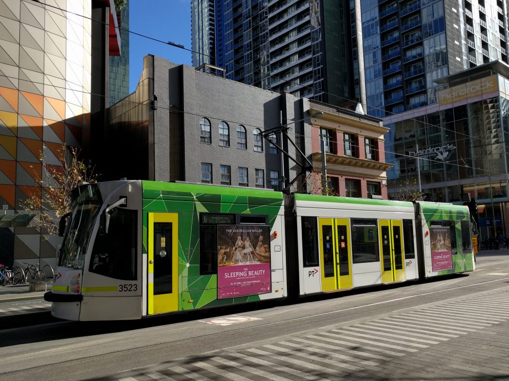 Melbourne city tram with Australian Ballet ad posted on its side