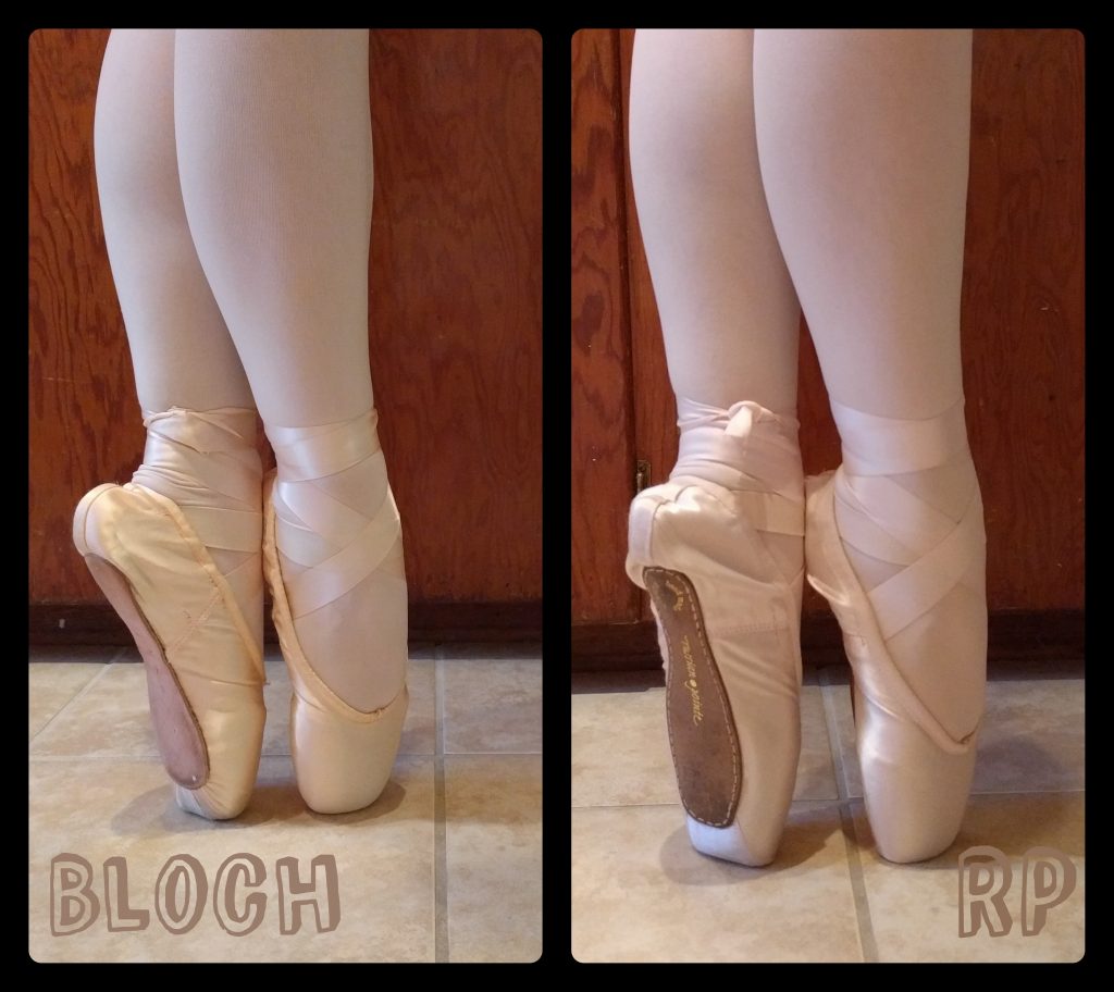 collage of photos showing writer wearing her two pairs of pointe shoes